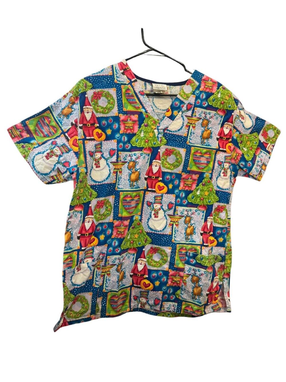 White Swan Fundamentally Cotton Scrub Top Christmas Medium Santa Claus Snowman
